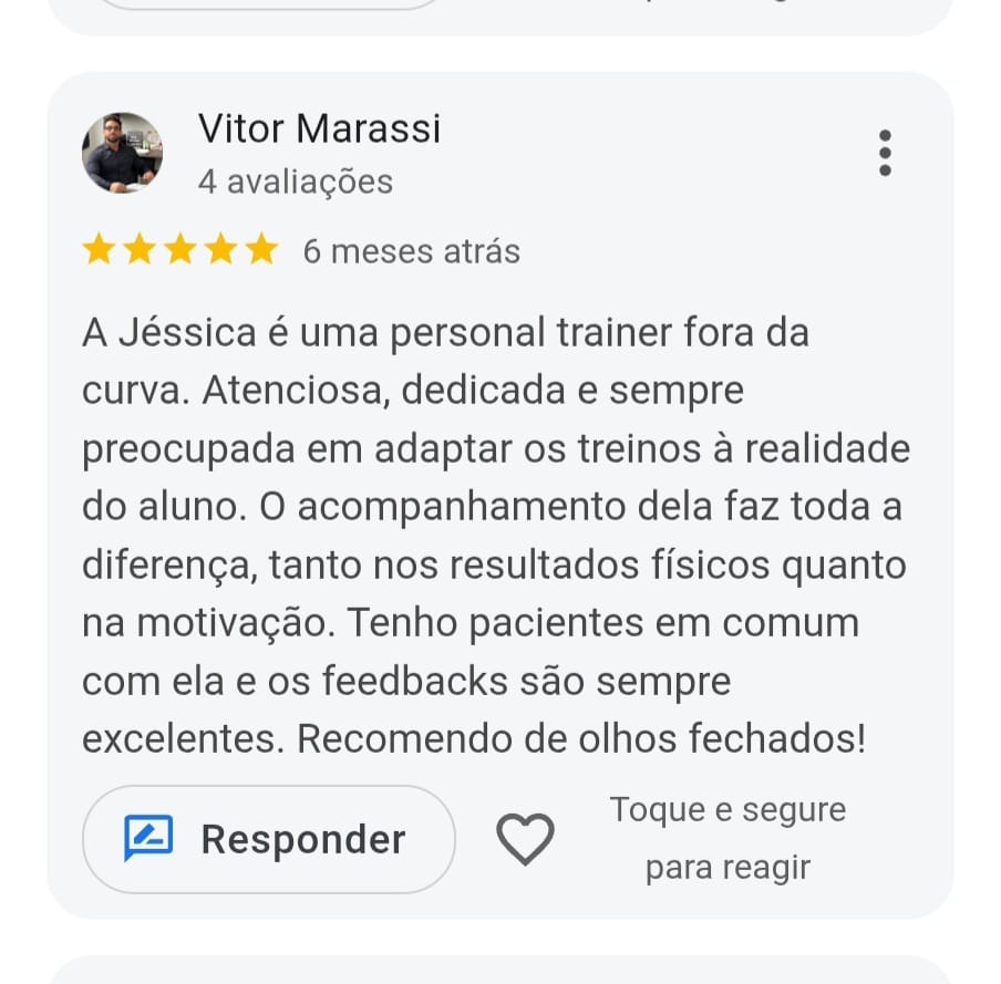 Avaliação do Vitor Marassi no Google: personal dedicada e atenciosa